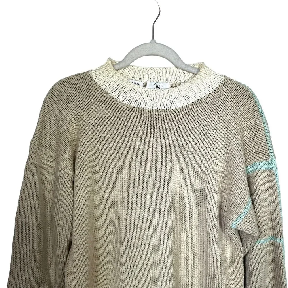 Anne Mieke For Men Sz S Cream Blue Vintage Hand Knit Sweater 100% Cottton